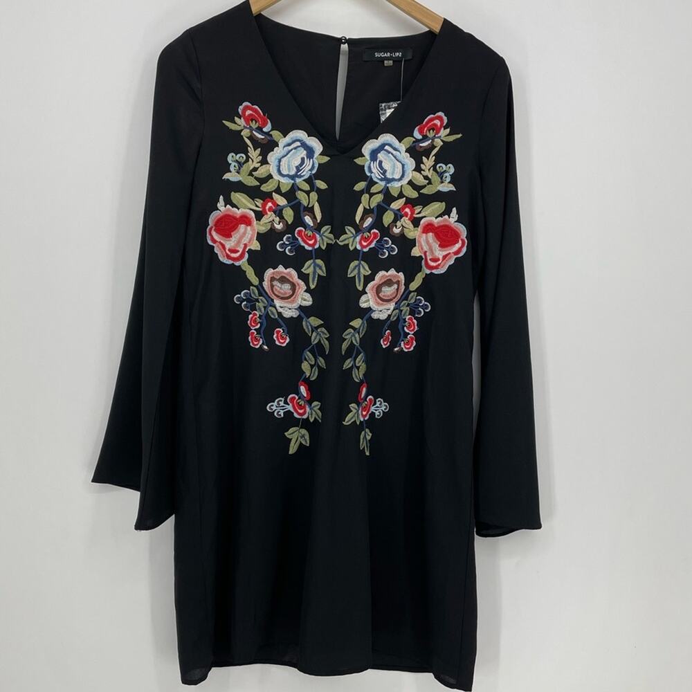 Sugar Lips NEW Embroidery Floral Black Bell Flow Dress Size Small